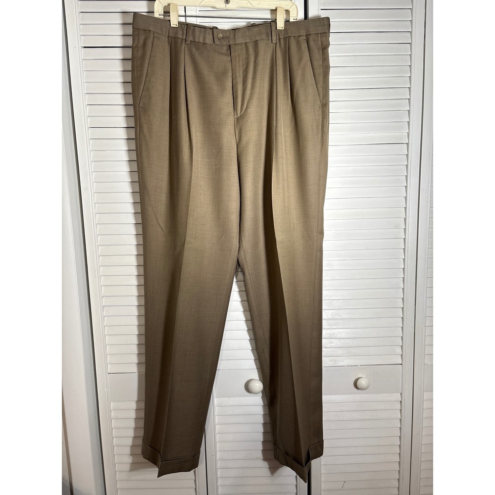 Perry Ellis Portfolio Mens 36x34 Pleated Cuffed Dress Pants Tan Brown RN37763